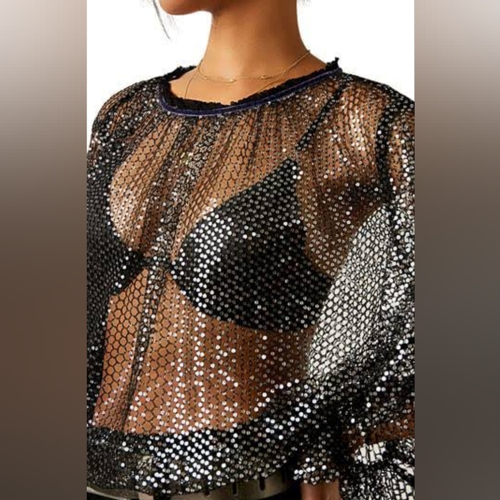 Free People Sparks Fly Sheer Sequin Top